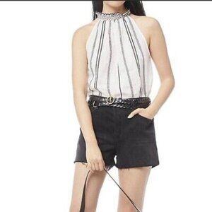 FRAME White Ramie Black Embroidered Ruffle Mock Neck Halter Top | SZ S/P